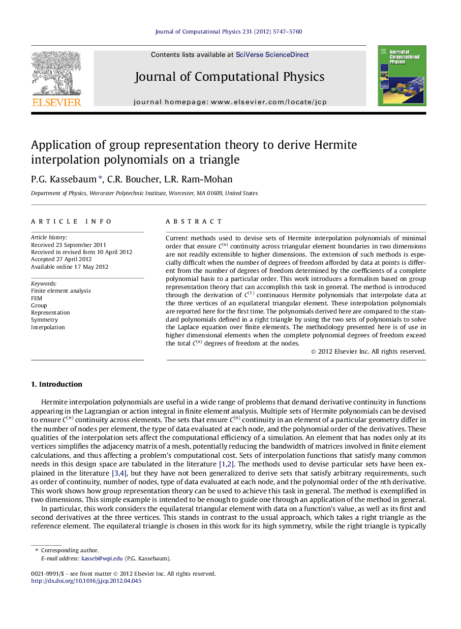 Application of group representation theory to derive Hermite interpolation polynomials on a triangle