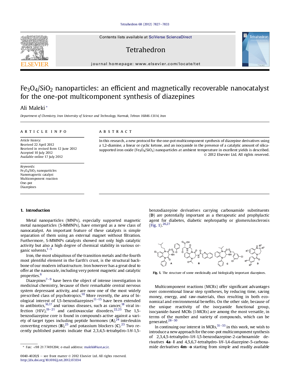 Fe3O4/SiO2 nanoparticles: an efficient and magnetically recoverable nanocatalyst for the one-pot multicomponent synthesis of diazepines