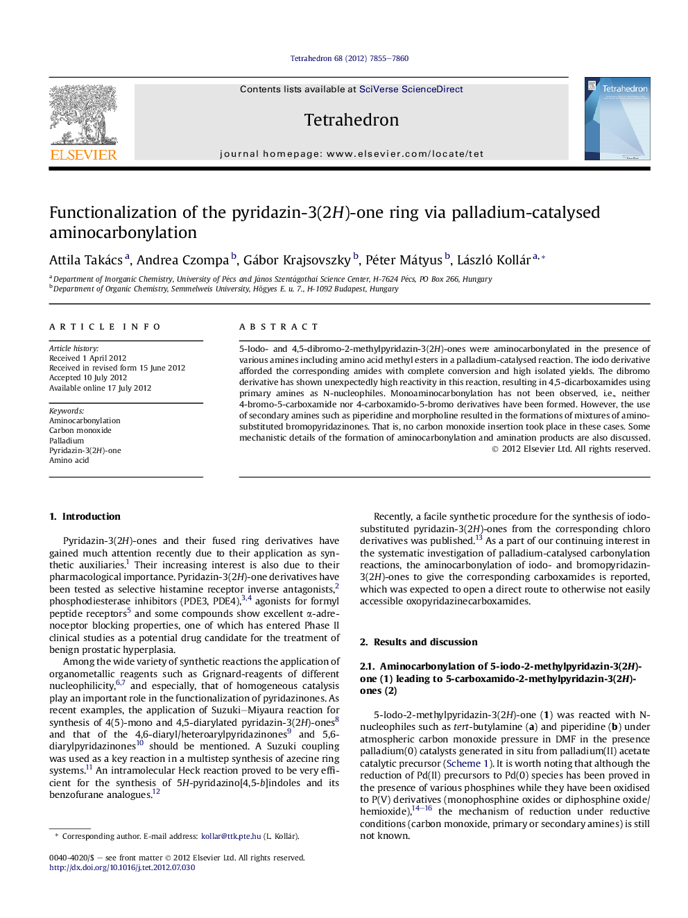 Functionalization of the pyridazin-3(2H)-one ring via palladium-catalysed aminocarbonylation