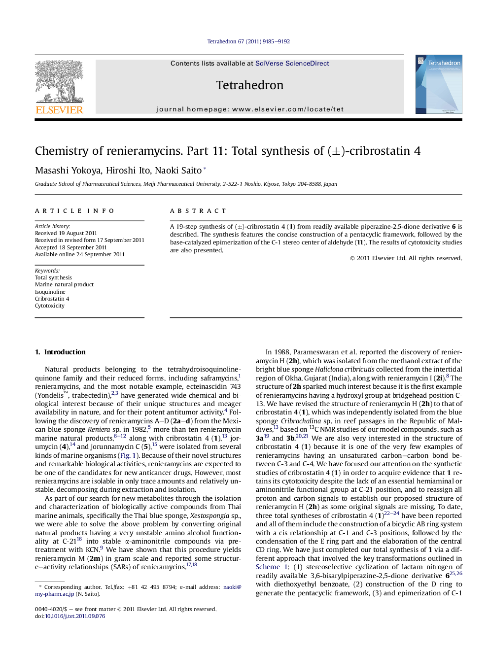 Chemistry of renieramycins. Part 11: Total synthesis of (Â±)-cribrostatin 4