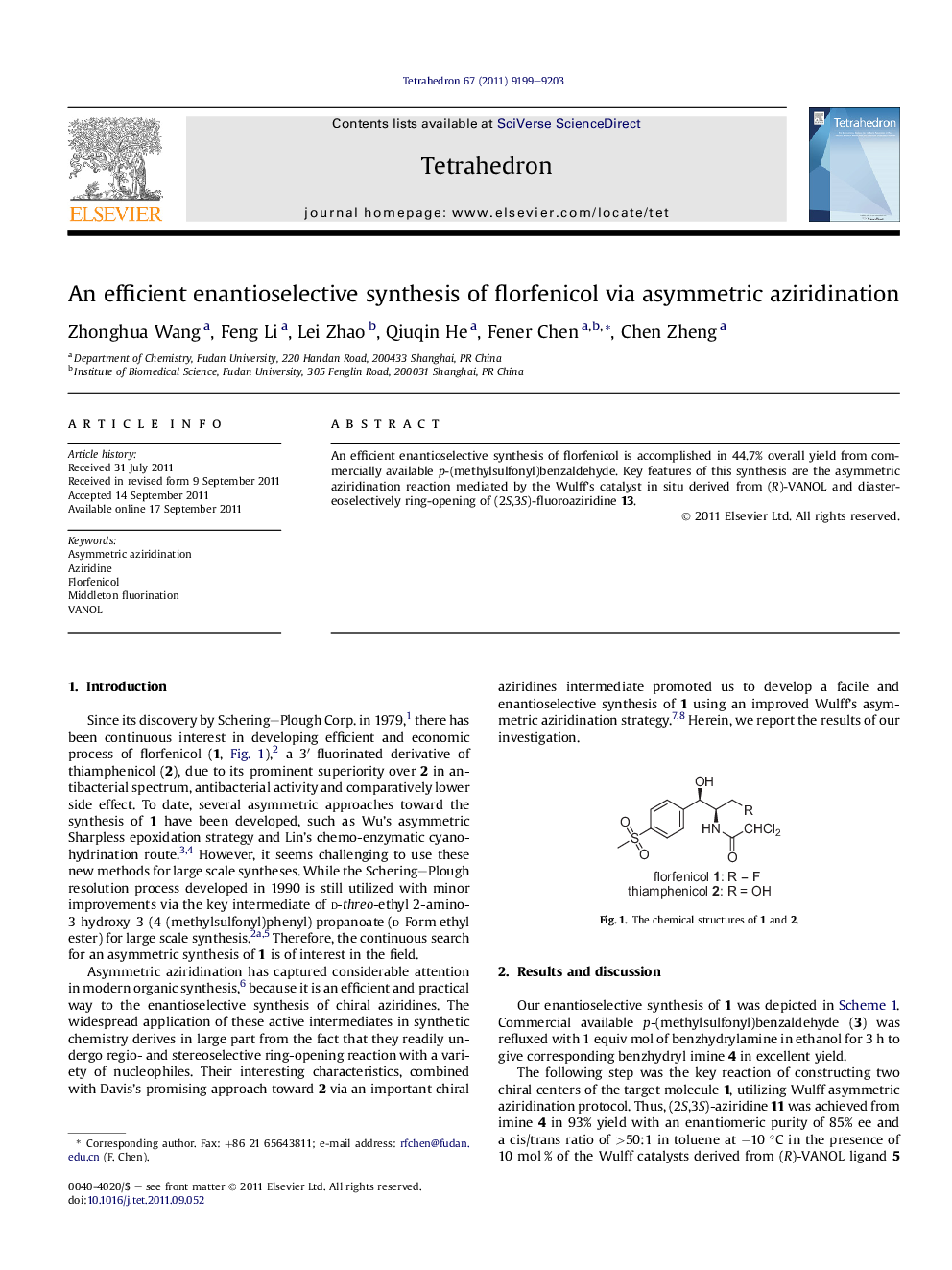 عکس صفحه اول مقاله: An efficient enantioselective synthesis of florfenicol via asymmetric aziridination An efficient enantioselective synthesis of florfenicol via asymmetric aziridination