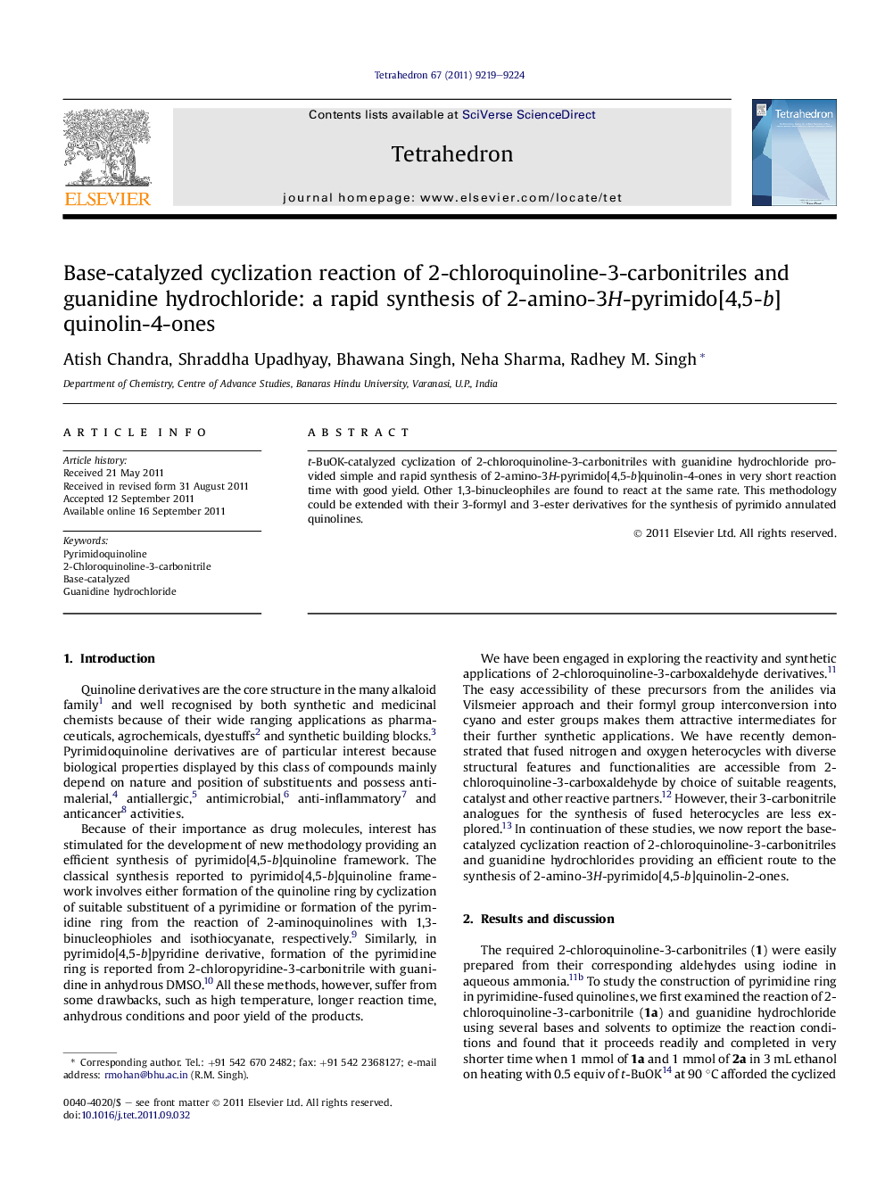 Base-catalyzed cyclization reaction of 2-chloroquinoline-3-carbonitriles and guanidine hydrochloride: a rapid synthesis of 2-amino-3H-pyrimido[4,5-b]quinolin-4-ones