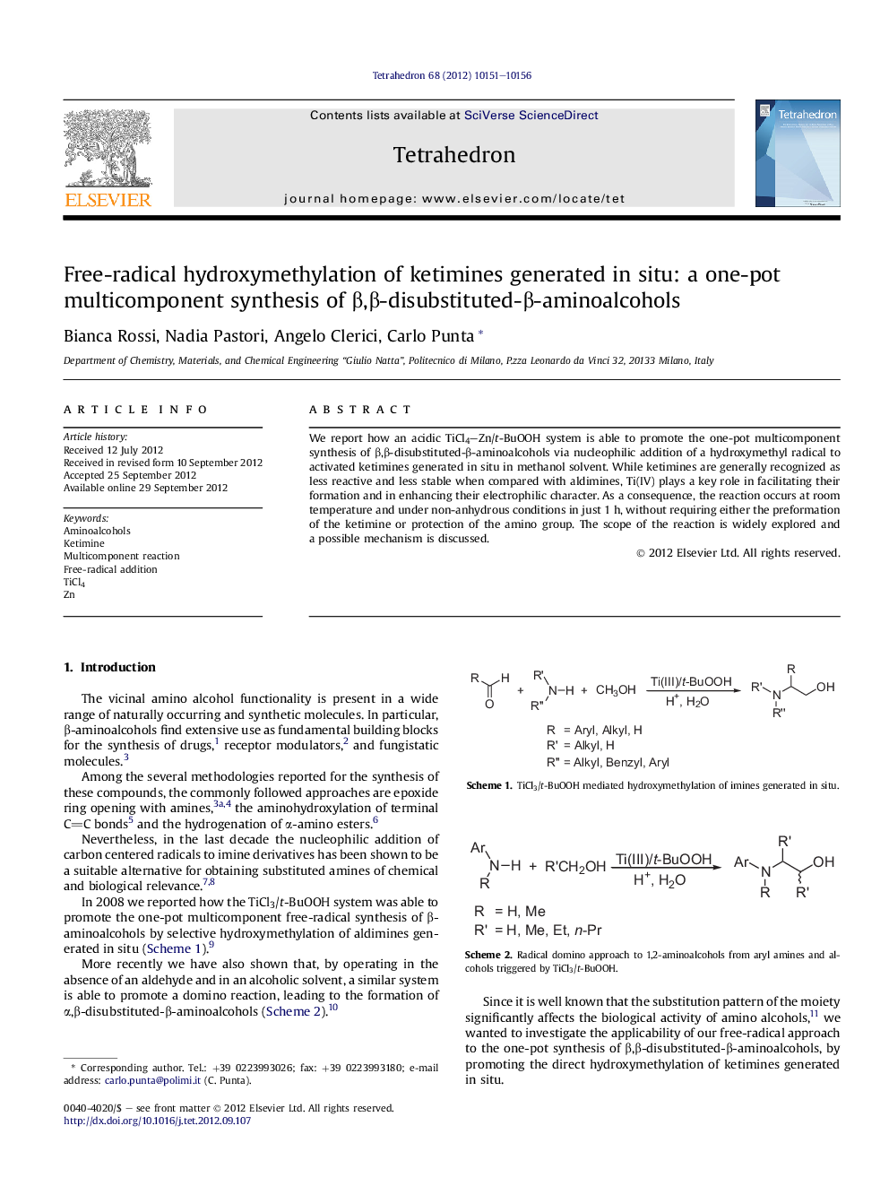 عکس صفحه اول مقاله: Free-radical hydroxymethylation of ketimines generated in situ: a one-pot multicomponent synthesis of β,β-disubstituted-β-aminoalcohols Free-radical hydroxymethylation of ketimines generated in situ: a one-pot multicomponent synthesis of β,β-disubstituted-β-aminoalcohols