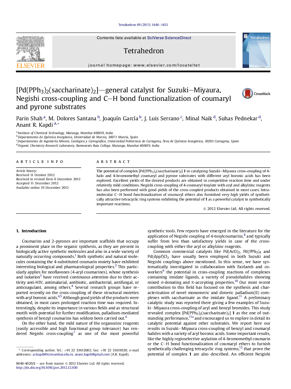 [Pd(PPh3)2(saccharinate)2]—general catalyst for Suzuki–Miyaura, Negishi cross-coupling and C–H bond functionalization of coumaryl and pyrone substrates