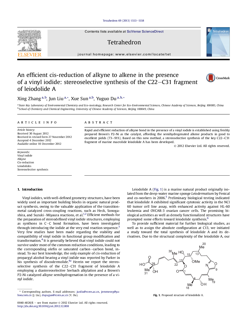 An efficient cis-reduction of alkyne to alkene in the presence of a vinyl iodide: stereoselective synthesis of the C22-C31 fragment of leiodolide A