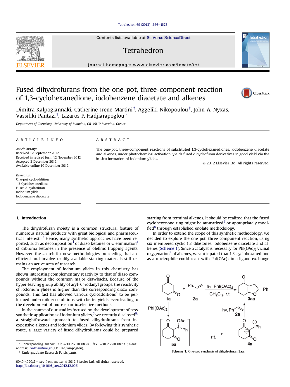 Fused dihydrofurans from the one-pot, three-component reaction of 1,3-cyclohexanedione, iodobenzene diacetate and alkenes