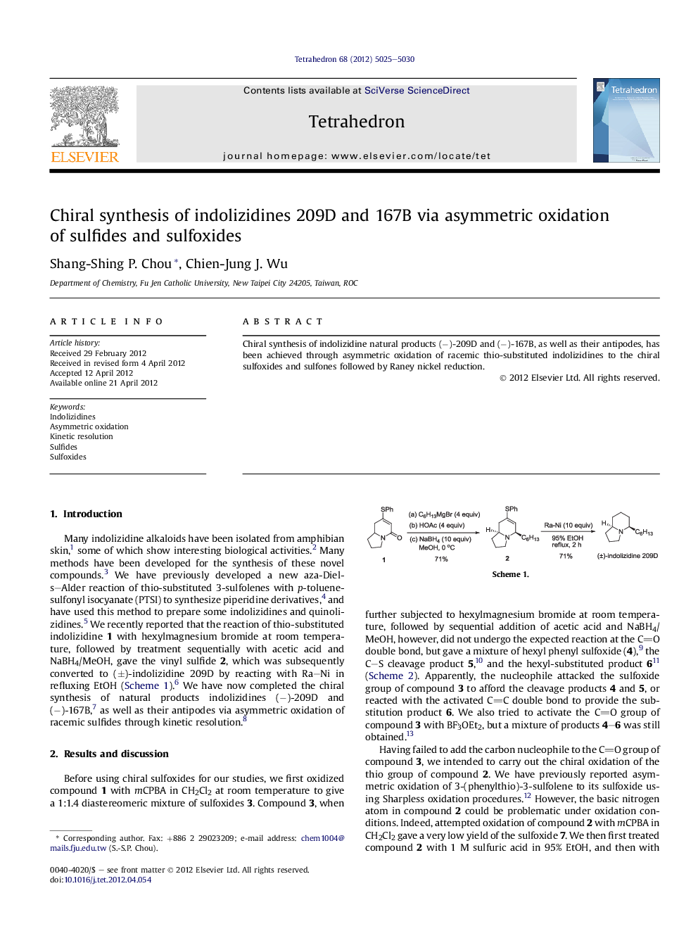 Chiral synthesis of indolizidines 209D and 167B via asymmetric oxidation of sulfides and sulfoxides