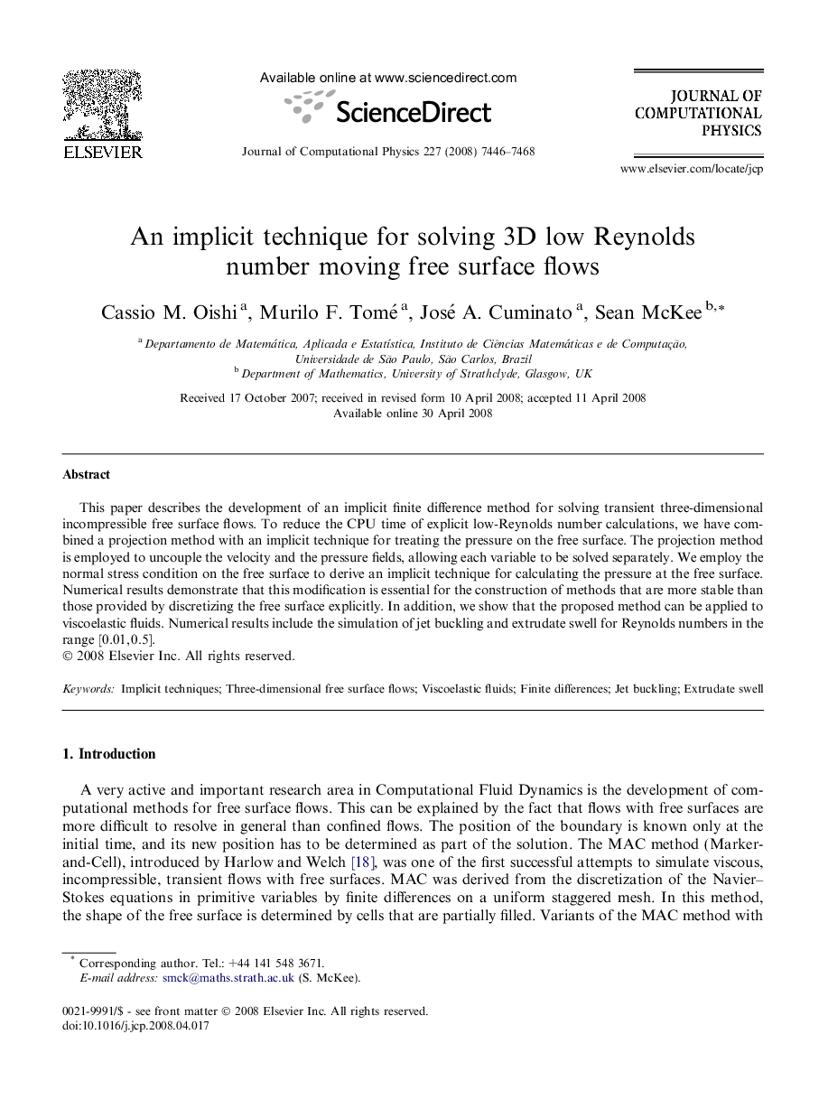 An implicit technique for solving 3D low Reynolds number moving free surface flows