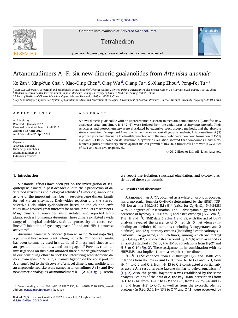 Artanomadimers A–F: six new dimeric guaianolides from Artemisia anomala
