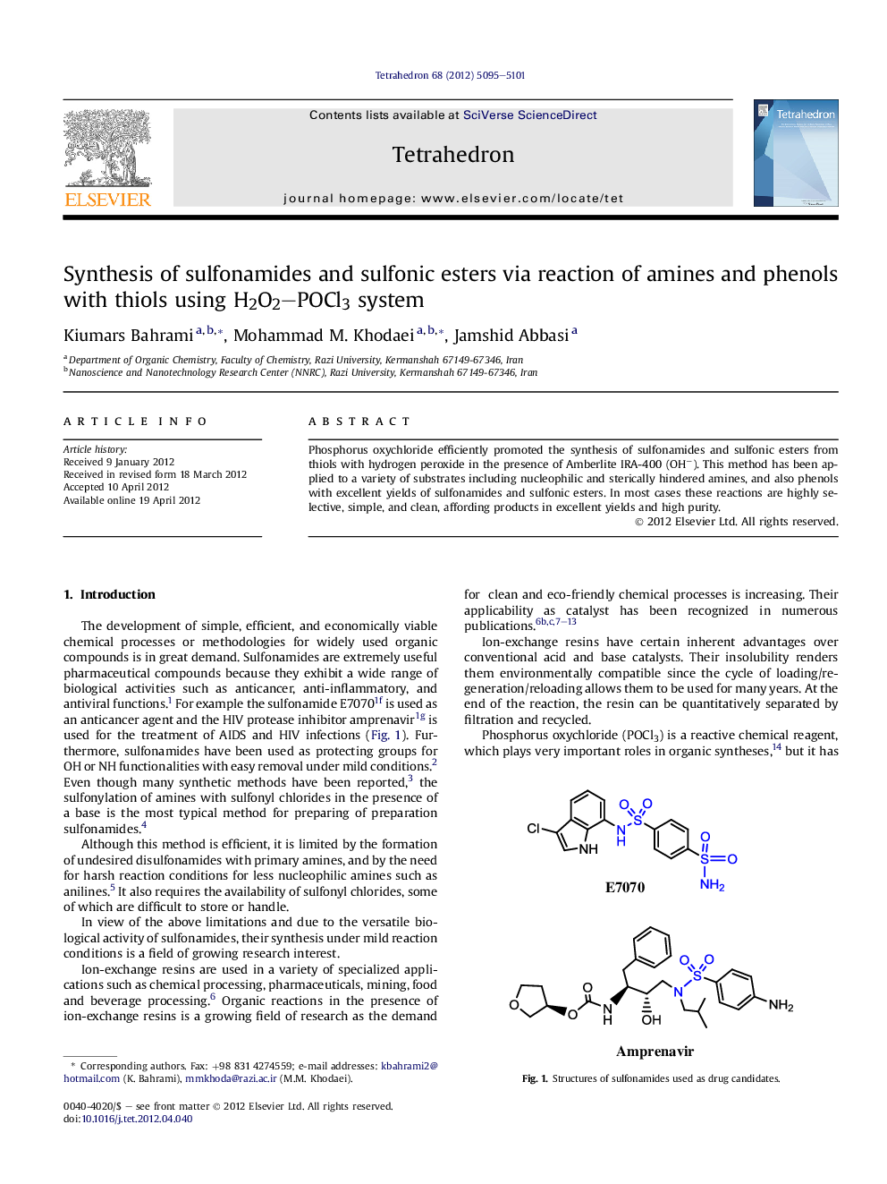 Synthesis of sulfonamides and sulfonic esters via reaction of amines and phenols with thiols using H2O2-POCl3 system