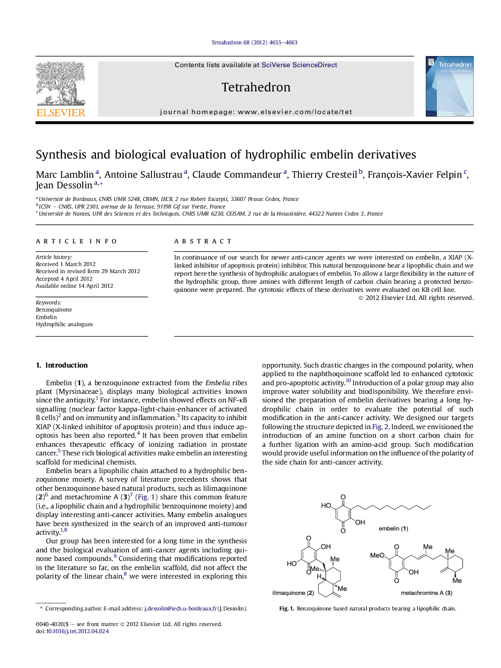 Synthesis and biological evaluation of hydrophilic embelin derivatives