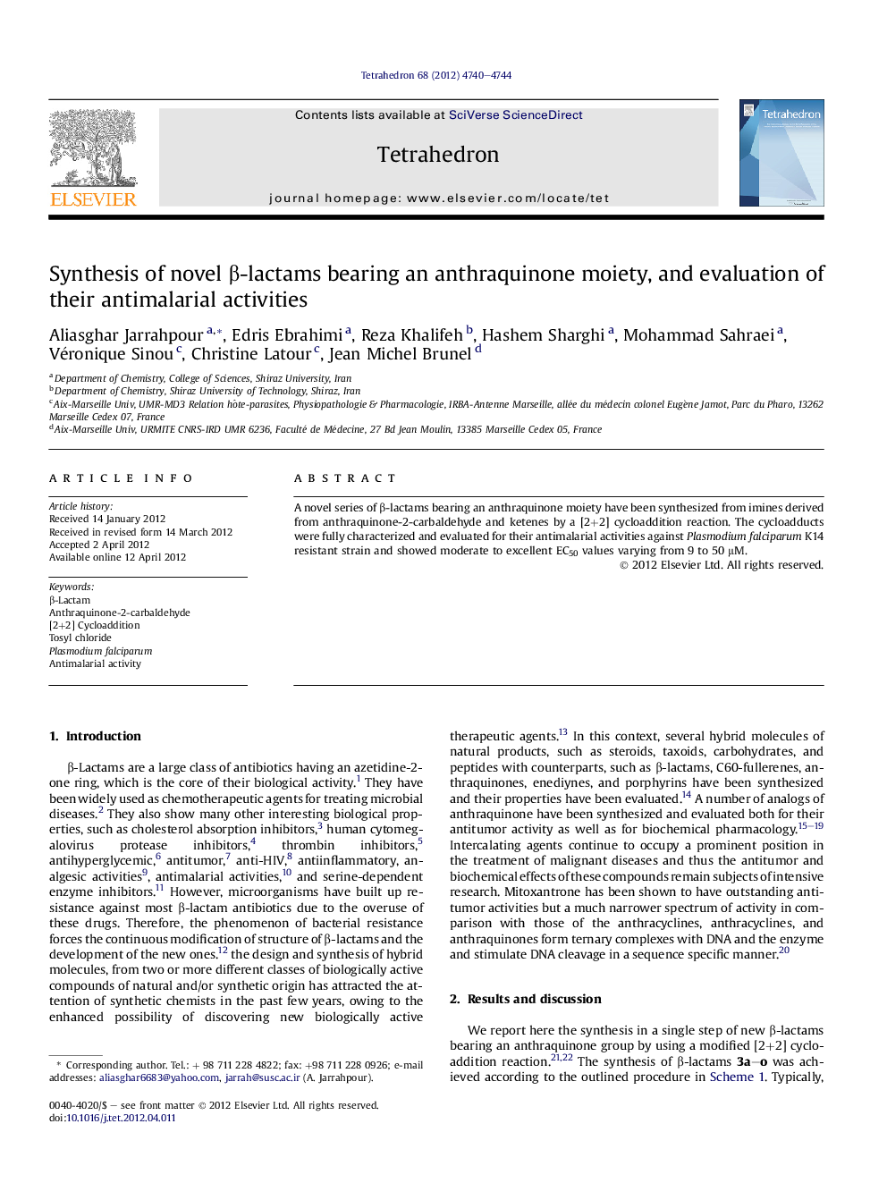 Synthesis of novel Î²-lactams bearing an anthraquinone moiety, and evaluation of their antimalarial activities