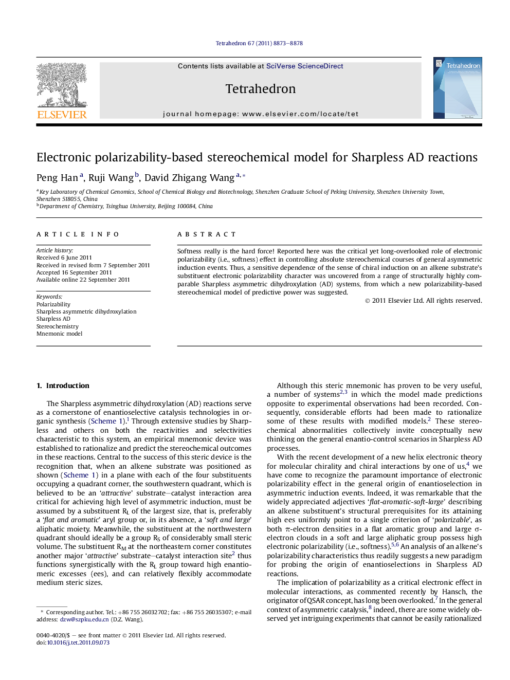 Electronic polarizability-based stereochemical model for Sharpless AD reactions