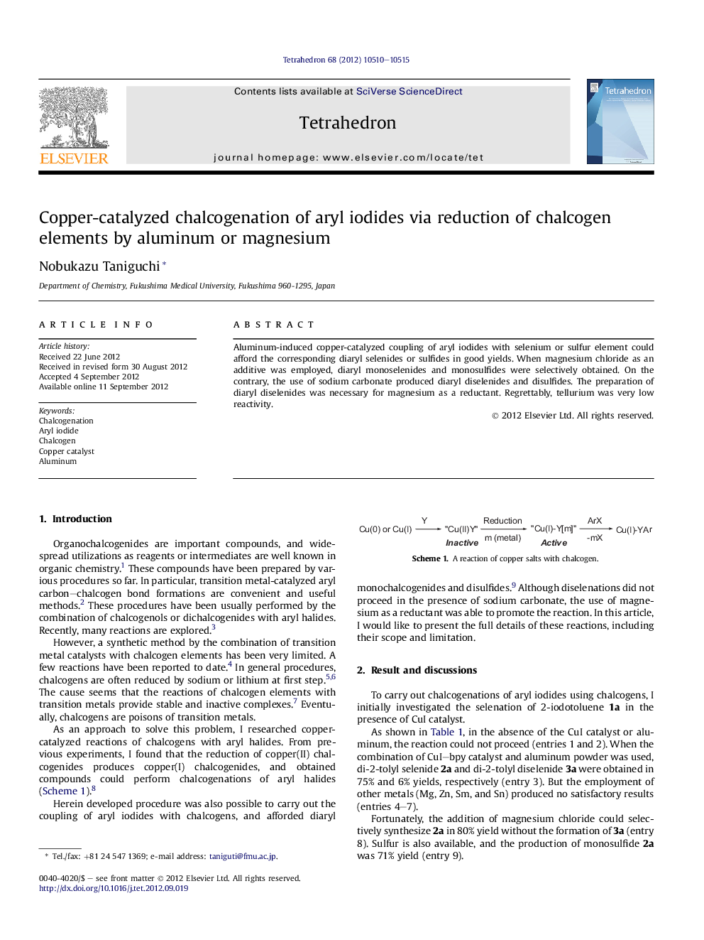 Copper-catalyzed chalcogenation of aryl iodides via reduction of chalcogen elements by aluminum or magnesium