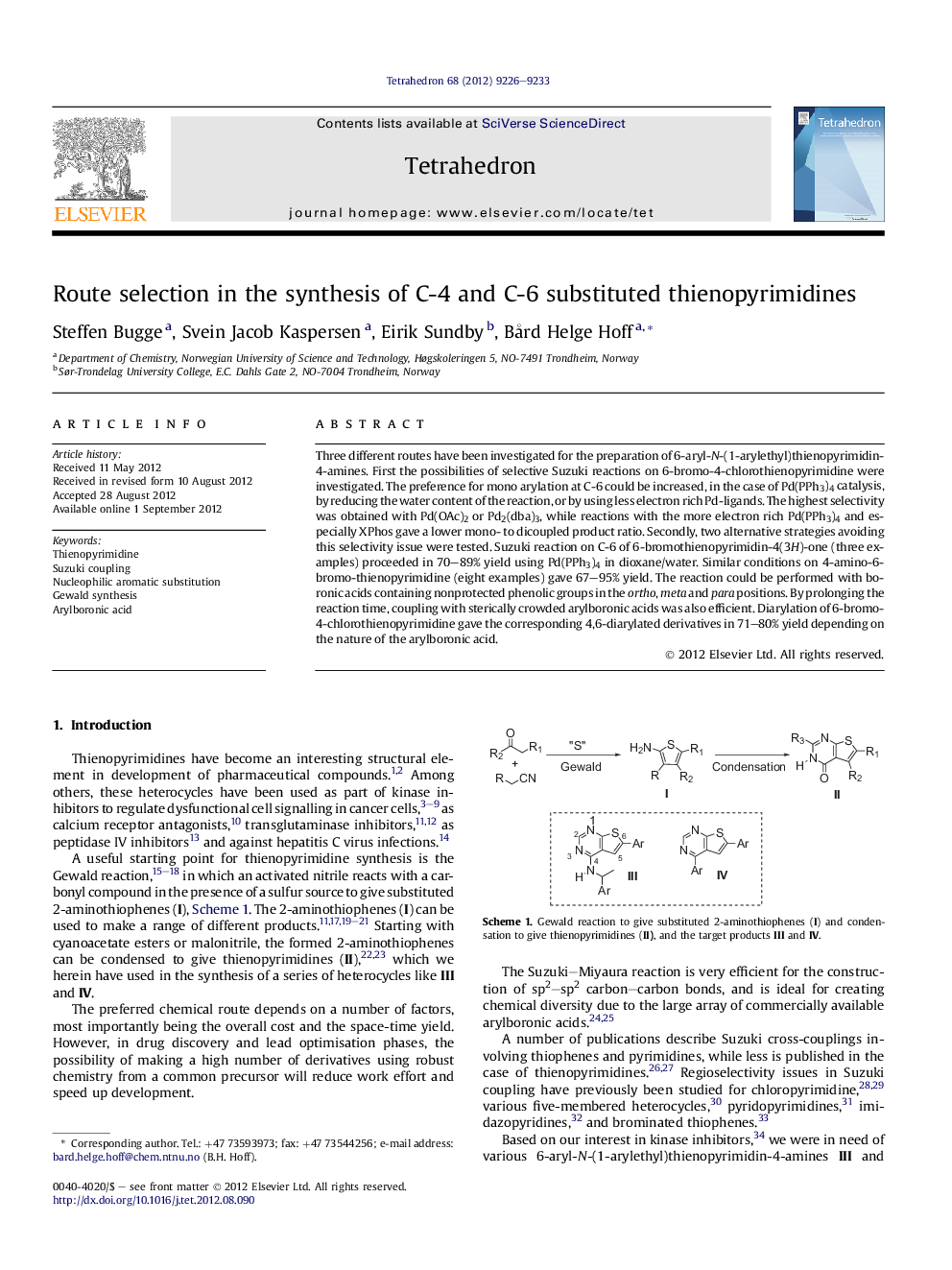 Route selection in the synthesis of C-4 and C-6 substituted thienopyrimidines