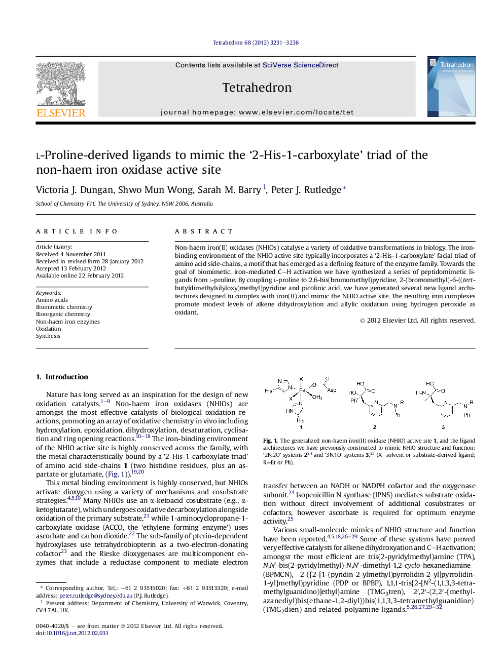 l-Proline-derived ligands to mimic the ‘2-His-1-carboxylate’ triad of the non-haem iron oxidase active site