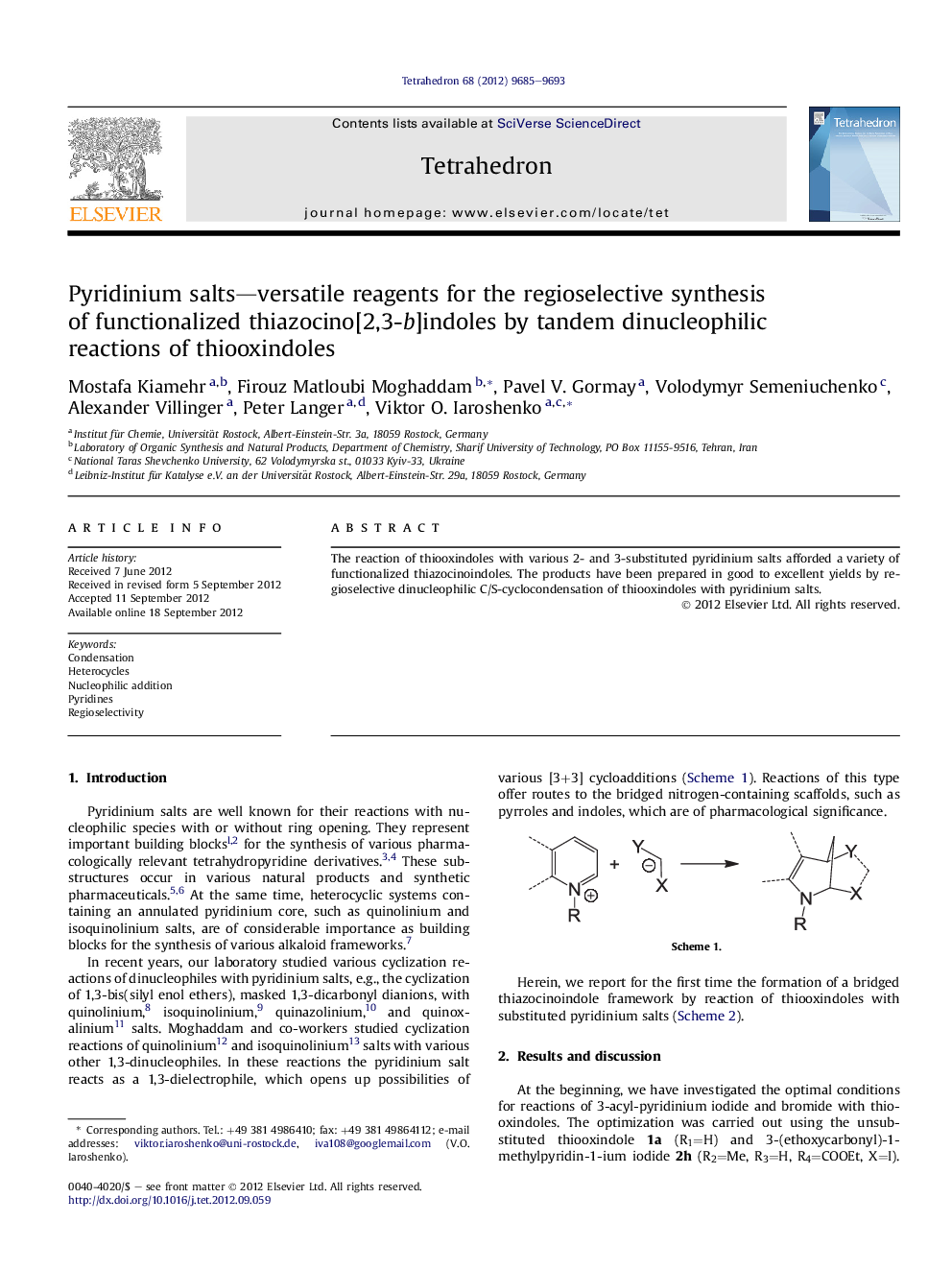 Pyridinium salts—versatile reagents for the regioselective synthesis of functionalized thiazocino[2,3-b]indoles by tandem dinucleophilic reactions of thiooxindoles