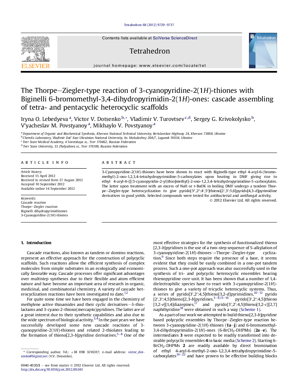 The Thorpe-Ziegler-type reaction of 3-cyanopyridine-2(1H)-thiones with Biginelli 6-bromomethyl-3,4-dihydropyrimidin-2(1H)-ones: cascade assembling of tetra- and pentacyclic heterocyclic scaffolds