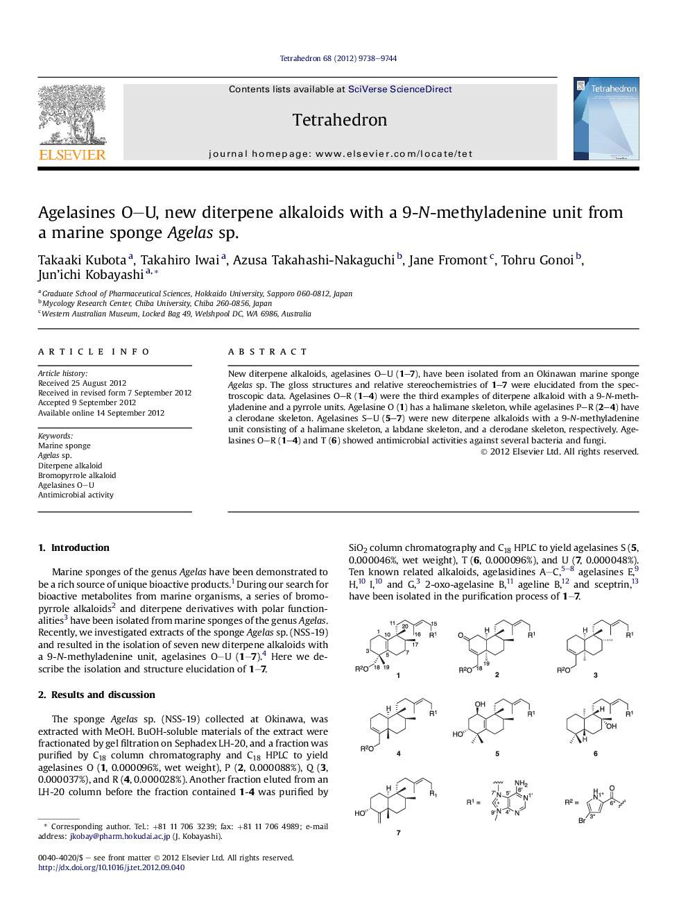 Agelasines O-U, new diterpene alkaloids with a 9-N-methyladenine unit from a marine sponge Agelas sp.