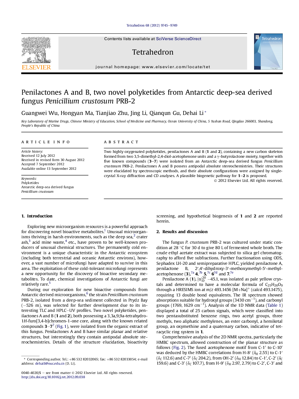 Penilactones A and B, two novel polyketides from Antarctic deep-sea derived fungus Penicillium crustosum PRB-2