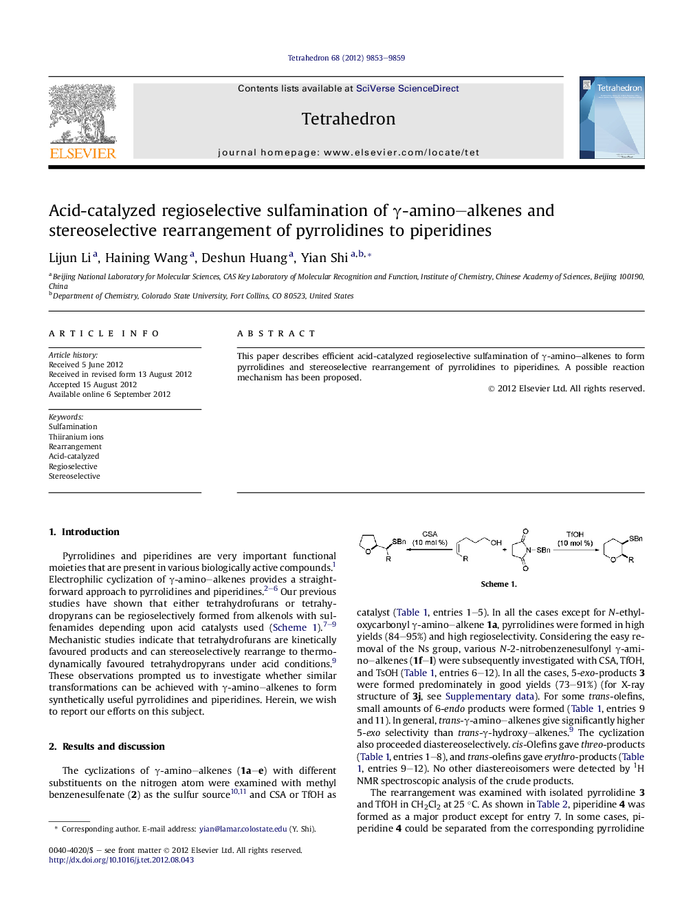 Acid-catalyzed regioselective sulfamination of γ-amino–alkenes and stereoselective rearrangement of pyrrolidines to piperidines