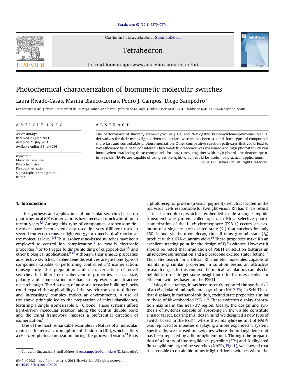 Photochemical characterization of biomimetic molecular switches