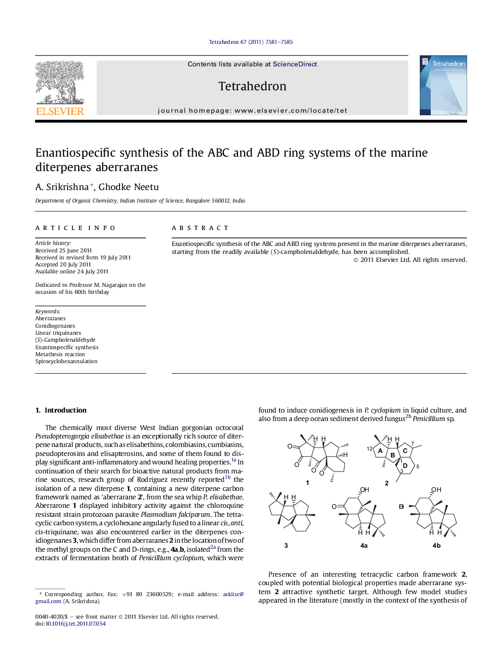 Enantiospecific synthesis of the ABC and ABD ring systems of the marine diterpenes aberraranes