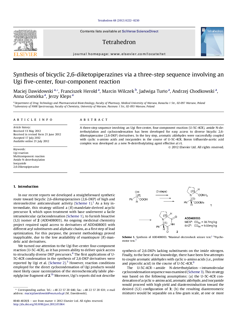 Synthesis of bicyclic 2,6-diketopiperazines via a three-step sequence involving an Ugi five-center, four-component reaction