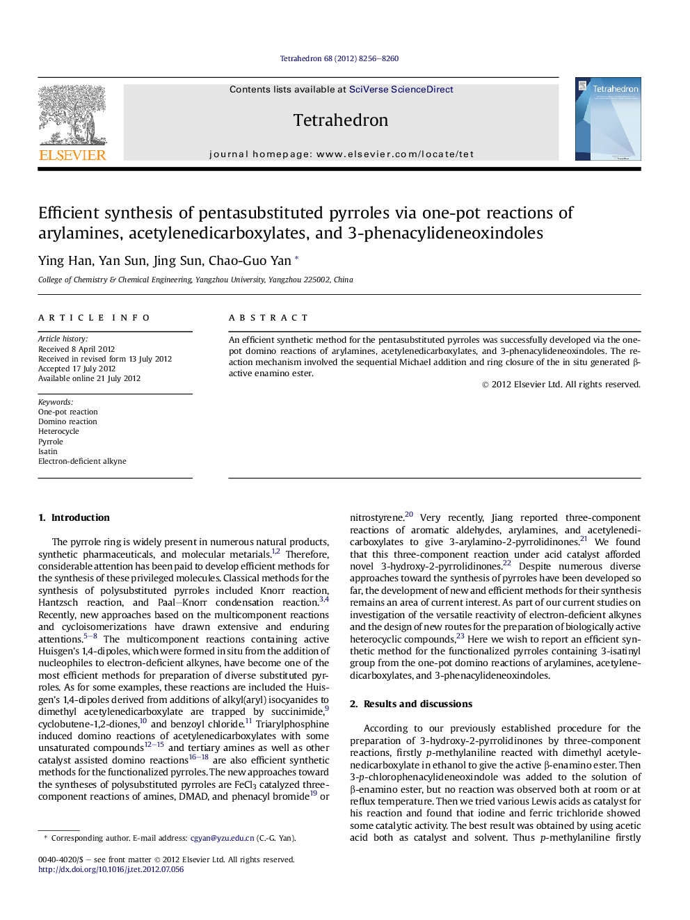 Efficient synthesis of pentasubstituted pyrroles via one-pot reactions of arylamines, acetylenedicarboxylates, and 3-phenacylideneoxindoles