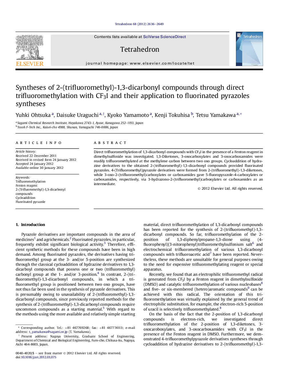 Syntheses of 2-(trifluoromethyl)-1,3-dicarbonyl compounds through direct trifluoromethylation with CF3I and their application to fluorinated pyrazoles syntheses