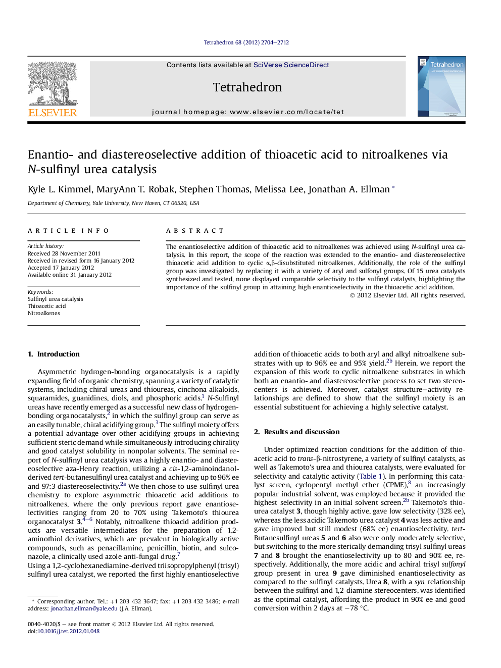 Enantio- and diastereoselective addition of thioacetic acid to nitroalkenes via N-sulfinyl urea catalysis