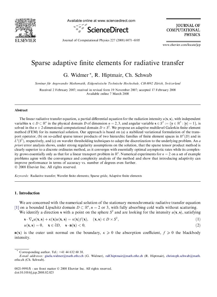 Sparse adaptive finite elements for radiative transfer