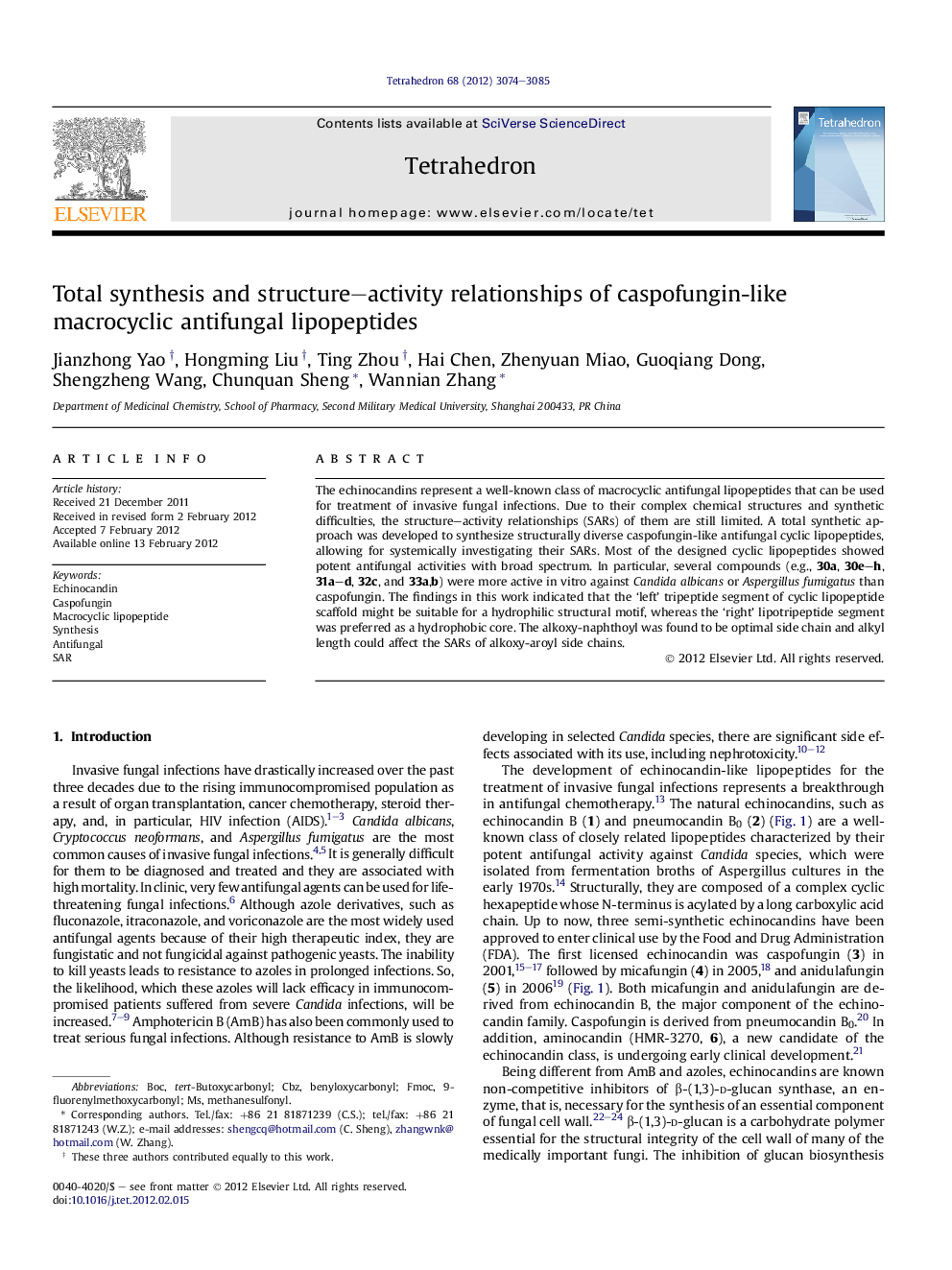 Total synthesis and structure-activity relationships of caspofungin-like macrocyclic antifungal lipopeptides