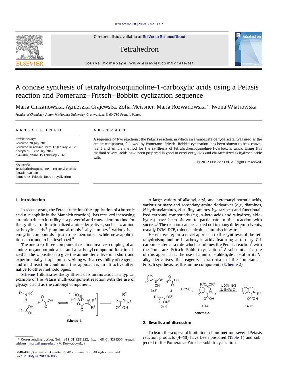 A concise synthesis of tetrahydroisoquinoline-1-carboxylic acids using a Petasis reaction and Pomeranz-Fritsch-Bobbitt cyclization sequence