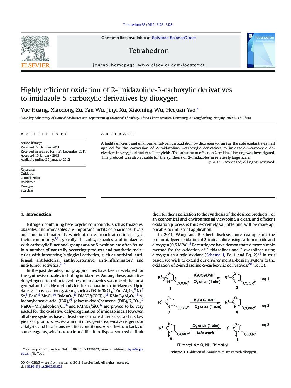 Highly efficient oxidation of 2-imidazoline-5-carboxylic derivatives toÂ imidazole-5-carboxylic derivatives by dioxygen