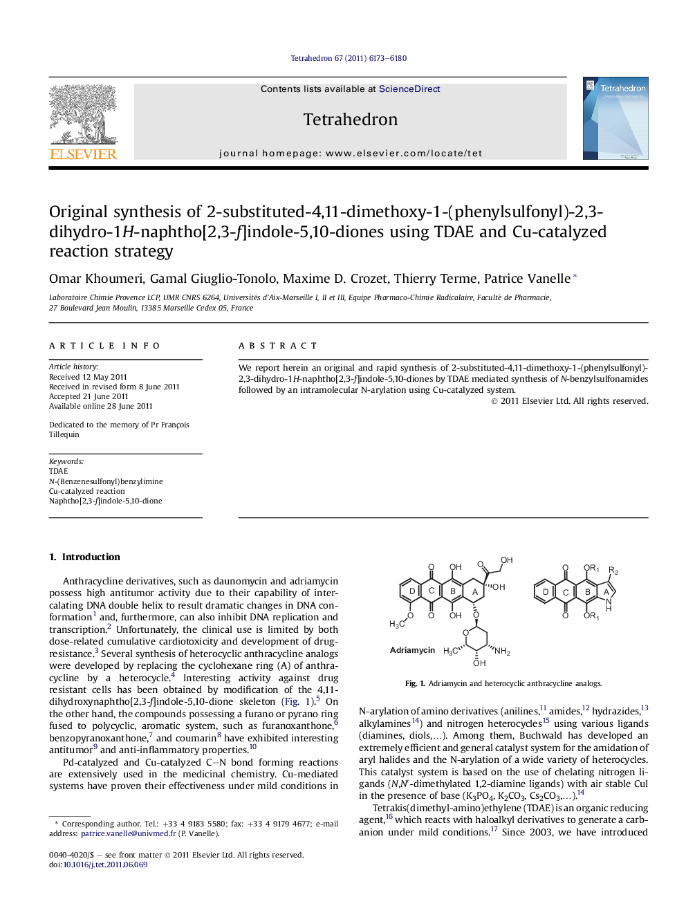 Original synthesis of 2-substituted-4,11-dimethoxy-1-(phenylsulfonyl)-2,3-dihydro-1H-naphtho[2,3-f]indole-5,10-diones using TDAE and Cu-catalyzed reaction strategy