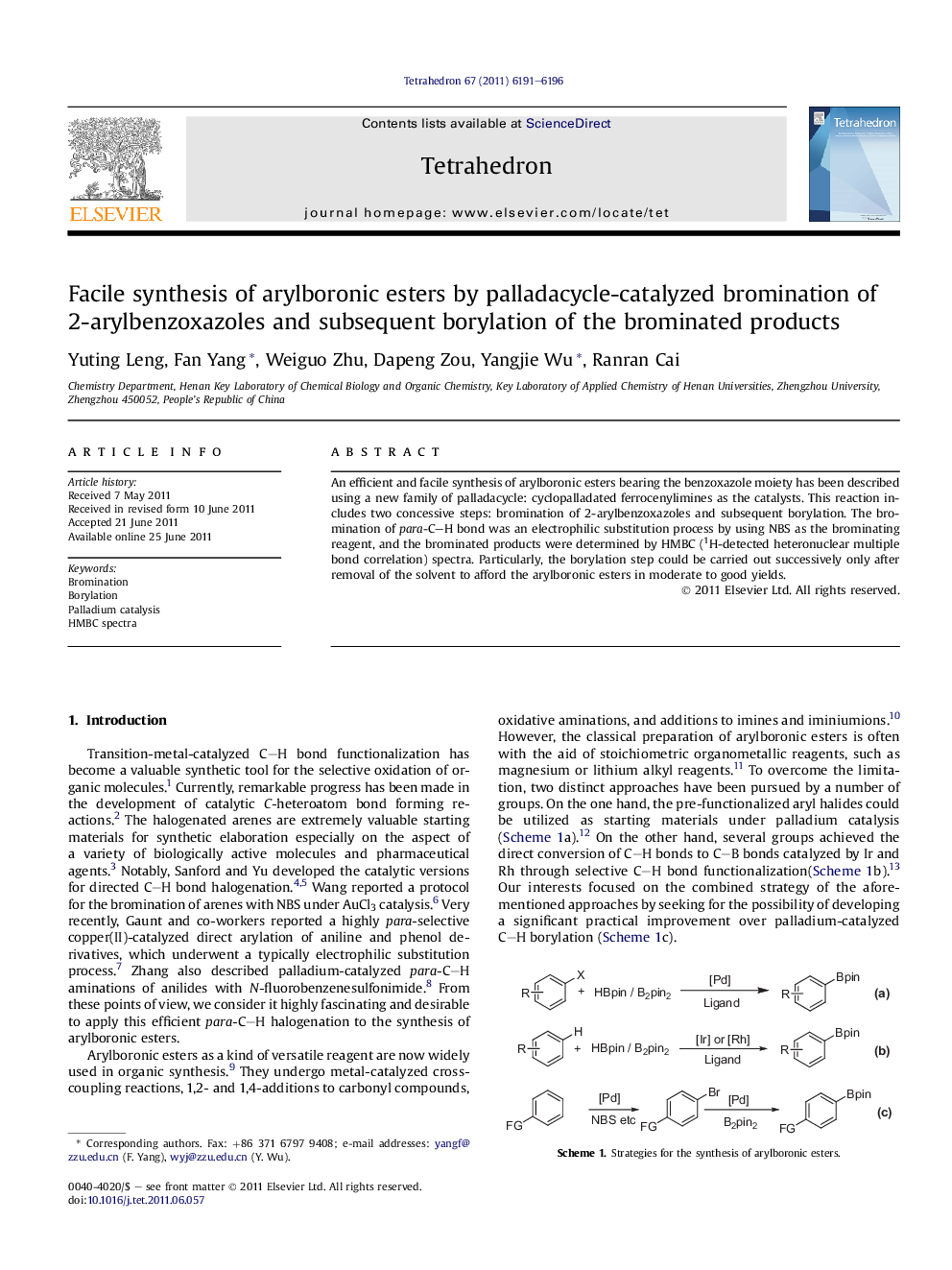 Facile synthesis of arylboronic esters by palladacycle-catalyzed bromination of 2-arylbenzoxazoles and subsequent borylation of the brominated products