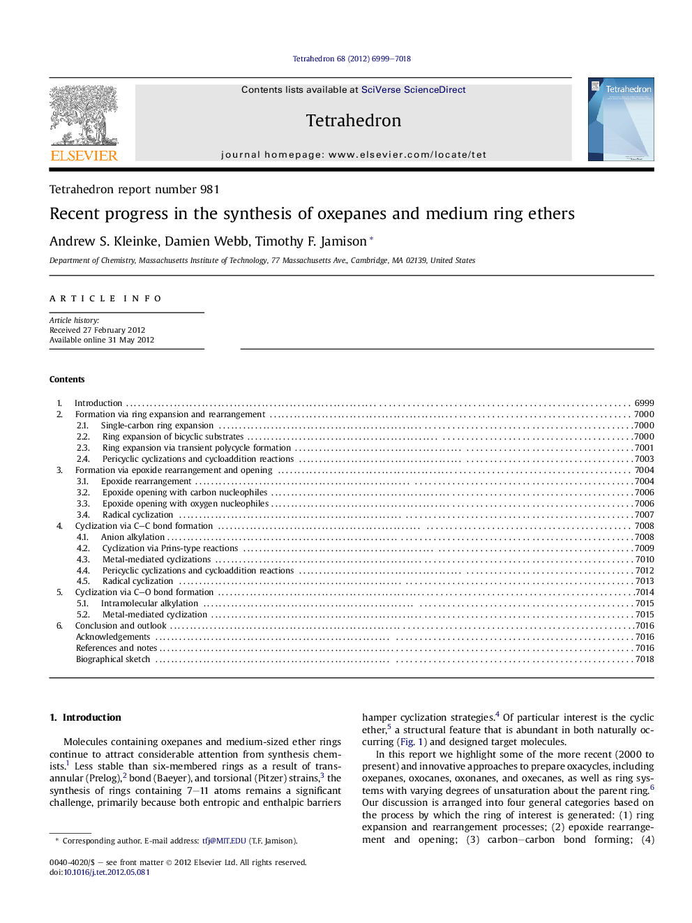 عکس صفحه اول مقاله: Recent progress in the synthesis of oxepanes and medium ring ethers Recent progress in the synthesis of oxepanes and medium ring ethers