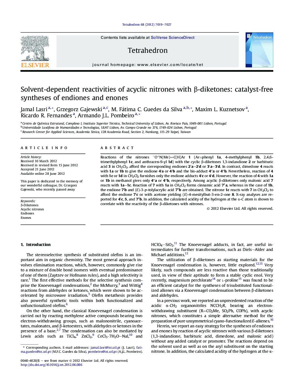 عکس صفحه اول مقاله: Solvent-dependent reactivities of acyclic nitrones with β-diketones: catalyst-free syntheses of endiones and enones Solvent-dependent reactivities of acyclic nitrones with β-diketones: catalyst-free syntheses of endiones and enones