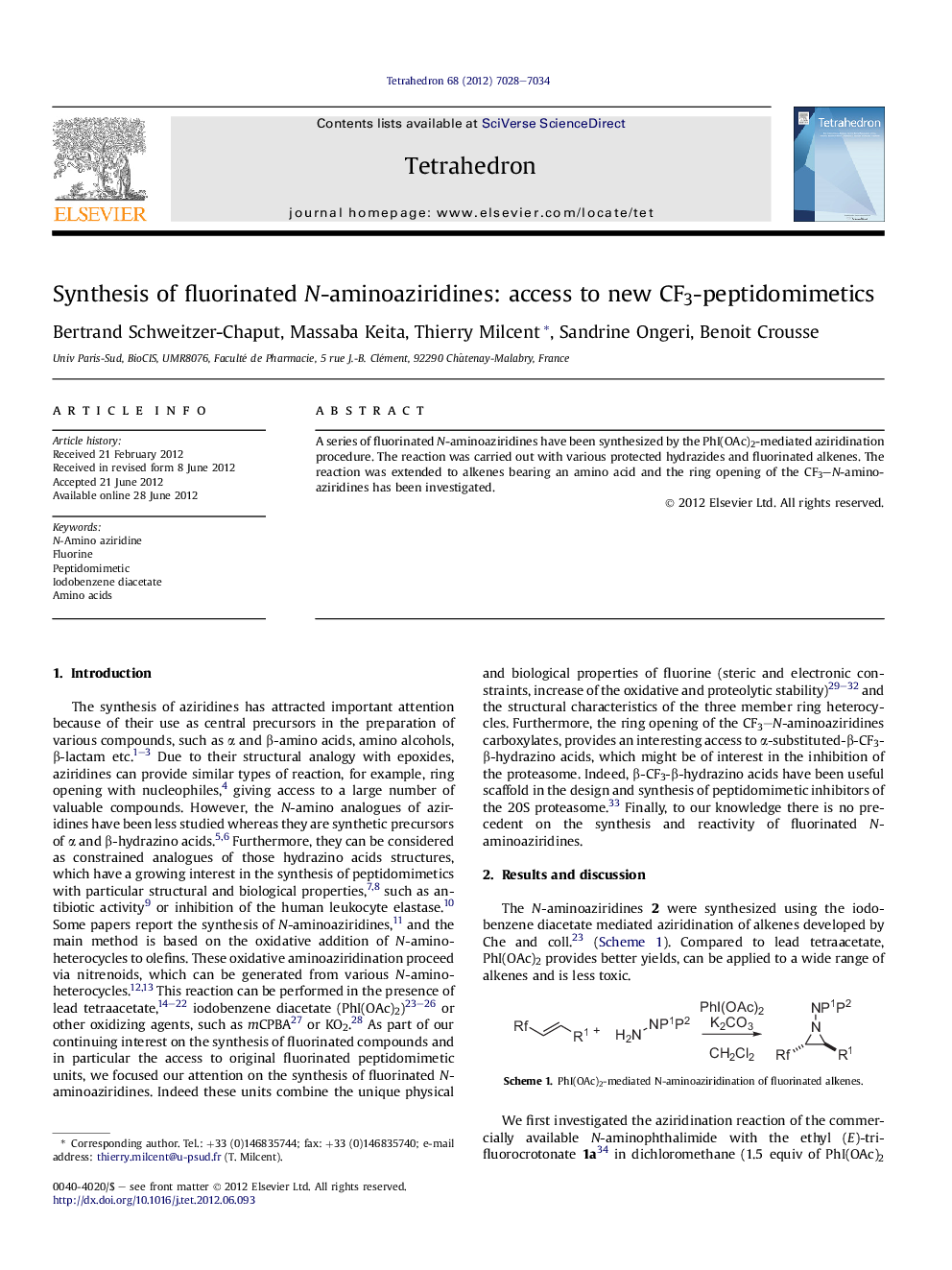 Synthesis of fluorinated N-aminoaziridines: access to new CF3-peptidomimetics