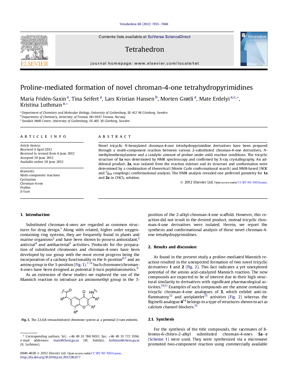 عکس صفحه اول مقاله: Proline-mediated formation of novel chroman-4-one tetrahydropyrimidines Proline-mediated formation of novel chroman-4-one tetrahydropyrimidines