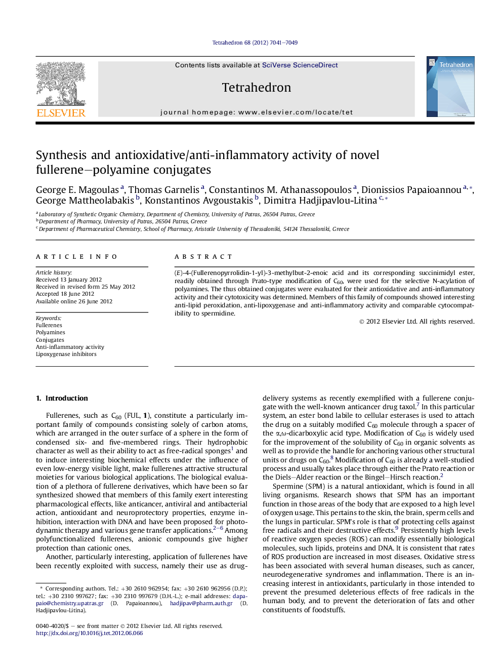 عکس صفحه اول مقاله: Synthesis and antioxidative/anti-inflammatory activity of novel fullerene–polyamine conjugates Synthesis and antioxidative/anti-inflammatory activity of novel fullerene–polyamine conjugates