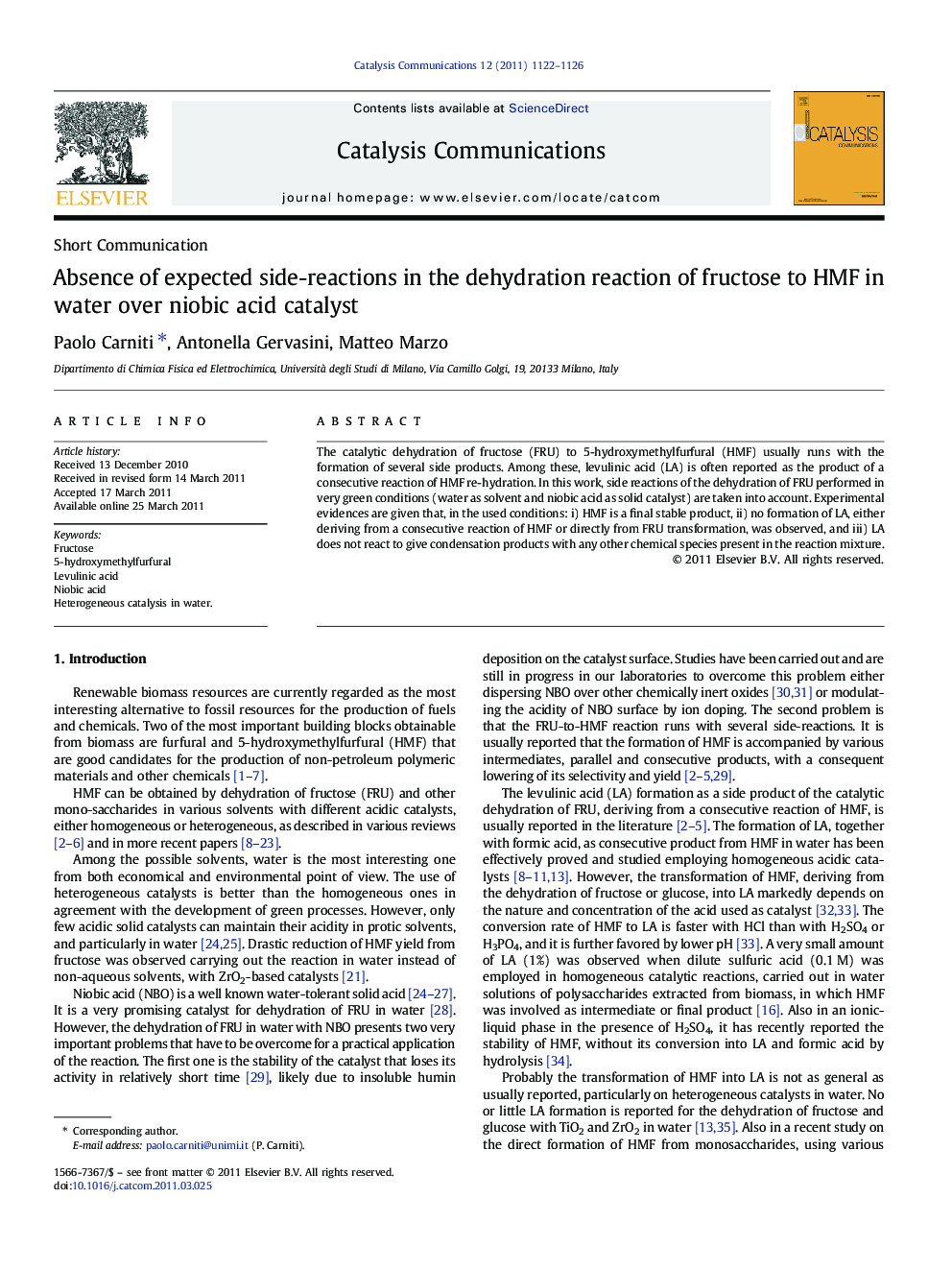 Absence of expected side-reactions in the dehydration reaction of fructose to HMF in water over niobic acid catalyst