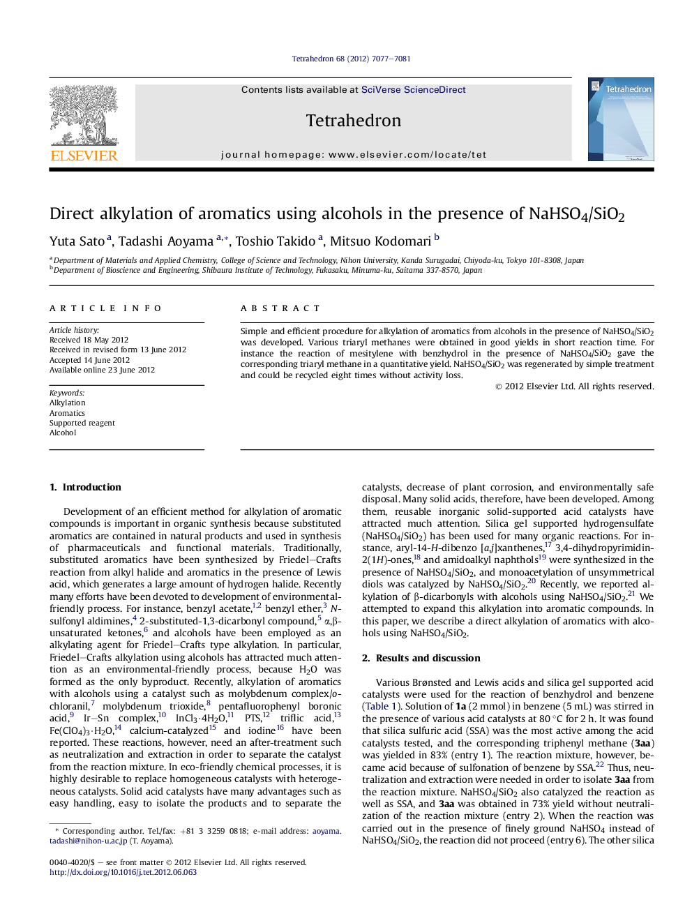 Direct alkylation of aromatics using alcohols in the presence of NaHSO4/SiO2