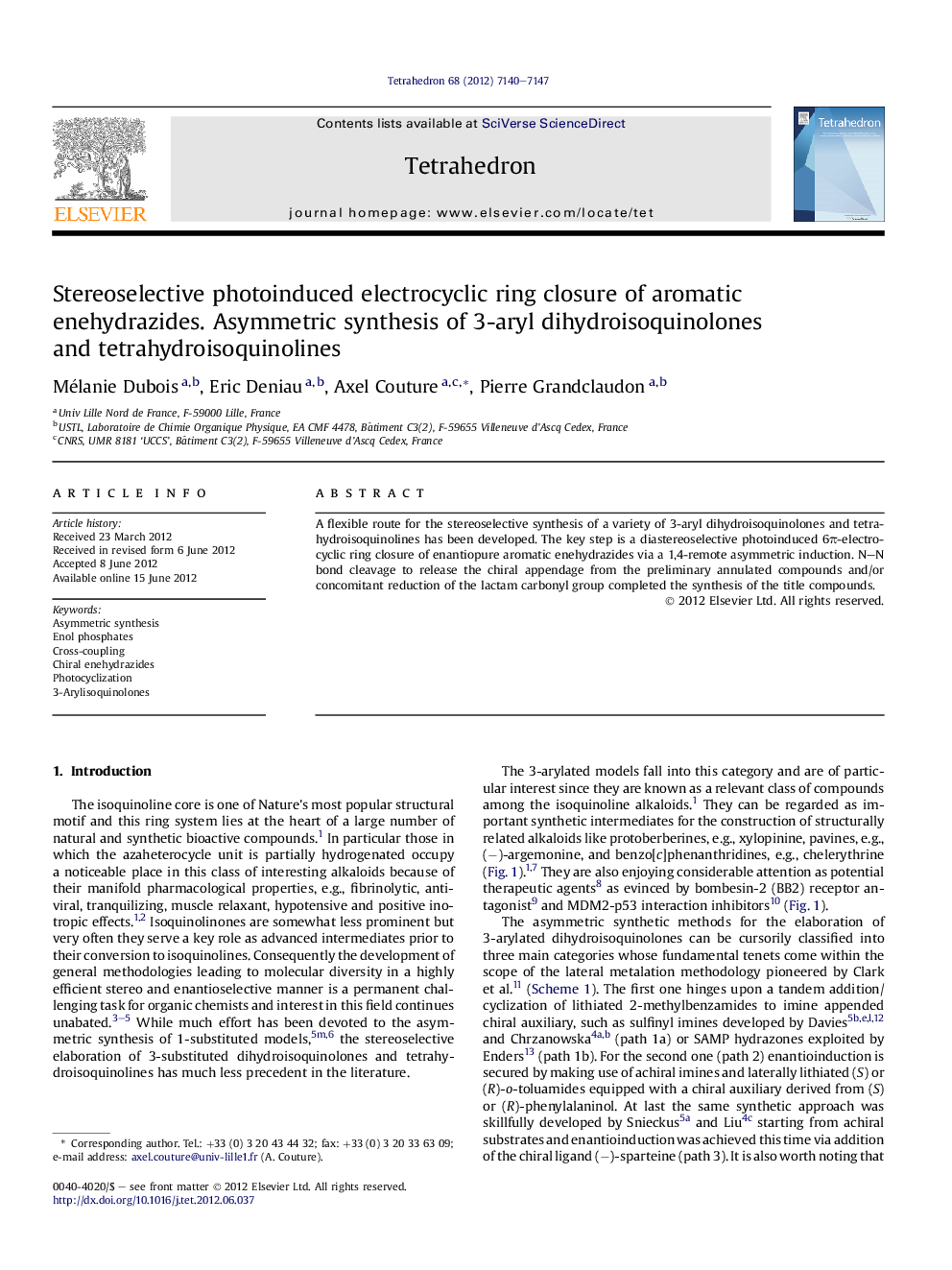 Stereoselective photoinduced electrocyclic ring closure of aromatic enehydrazides. Asymmetric synthesis of 3-aryl dihydroisoquinolones and tetrahydroisoquinolines