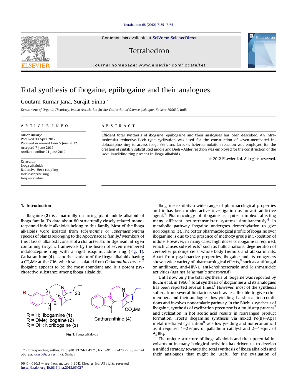 عکس صفحه اول مقاله: Total synthesis of ibogaine, epiibogaine and their analogues Total synthesis of ibogaine, epiibogaine and their analogues