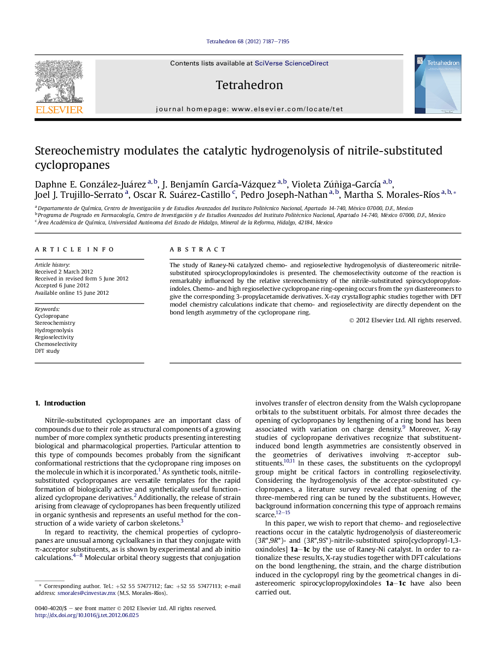 عکس صفحه اول مقاله: Stereochemistry modulates the catalytic hydrogenolysis of nitrile-substituted cyclopropanes Stereochemistry modulates the catalytic hydrogenolysis of nitrile-substituted cyclopropanes