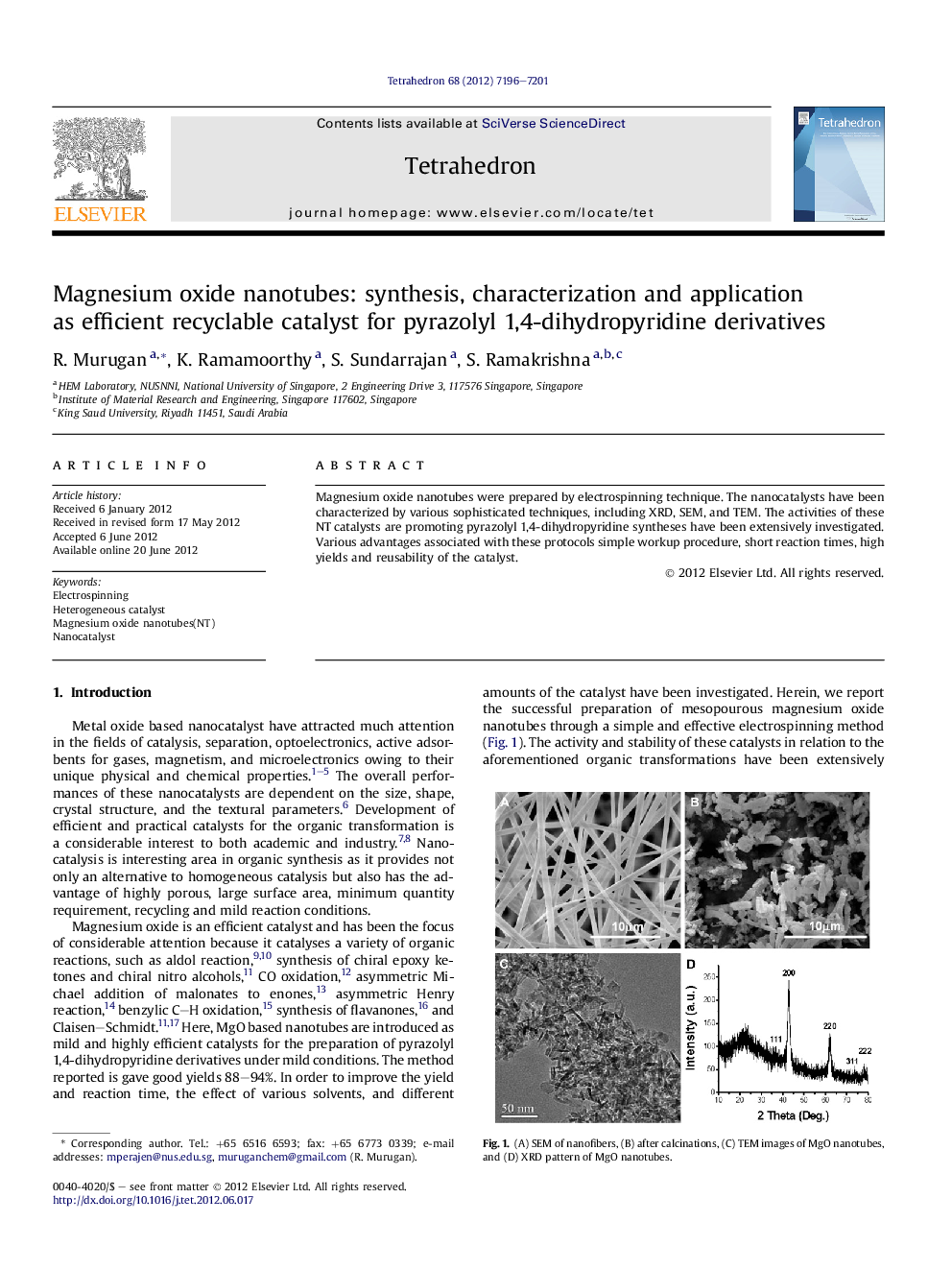 عکس صفحه اول مقاله: Magnesium oxide nanotubes: synthesis, characterization and application as efficient recyclable catalyst for pyrazolyl 1,4-dihydropyridine derivatives Magnesium oxide nanotubes: synthesis, characterization and application as efficient recyclable catalyst for pyrazolyl 1,4-dihydropyridine derivatives