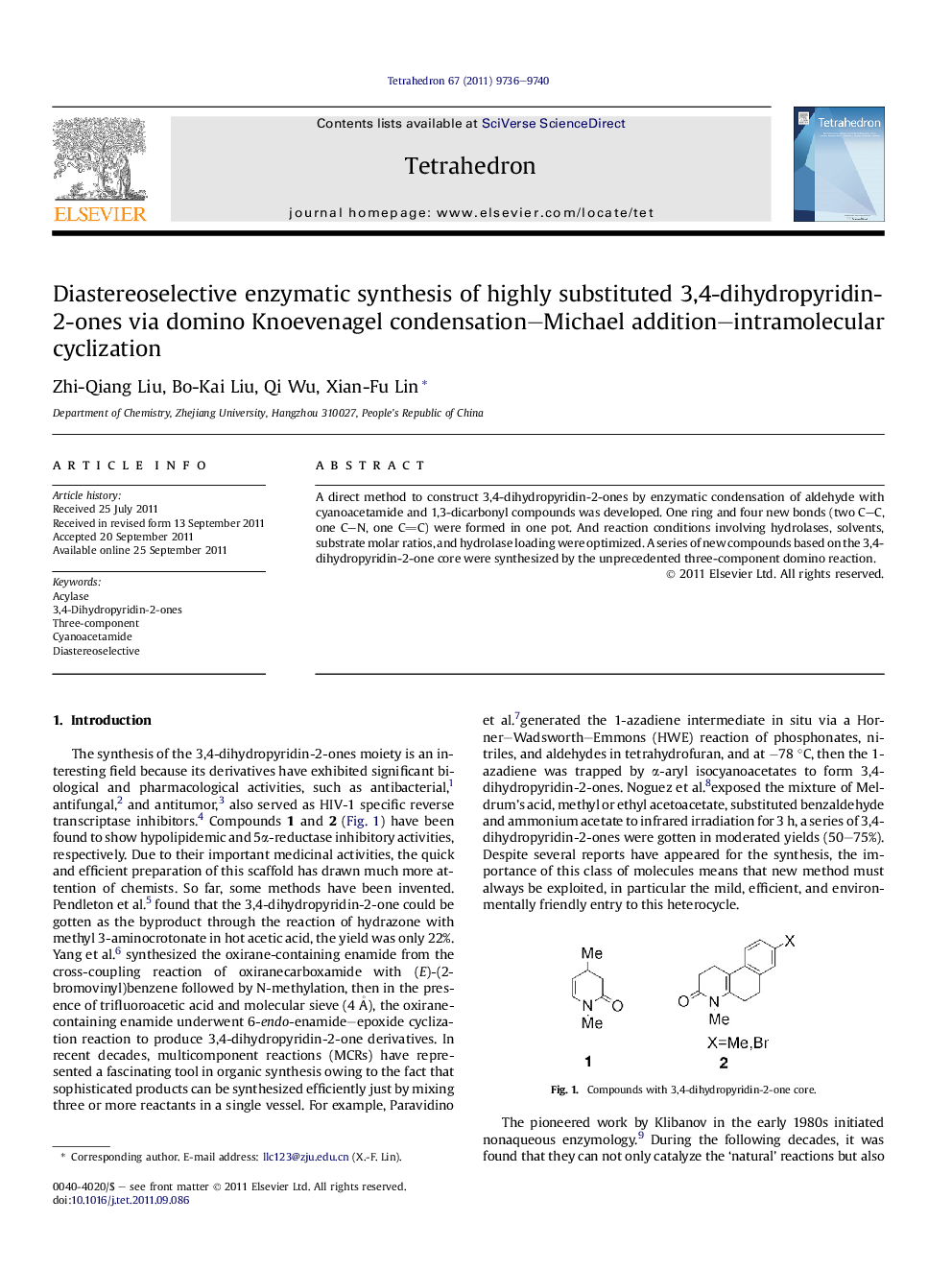 Diastereoselective enzymatic synthesis of highly substituted 3,4-dihydropyridin-2-ones via domino Knoevenagel condensation-Michael addition-intramolecular cyclization