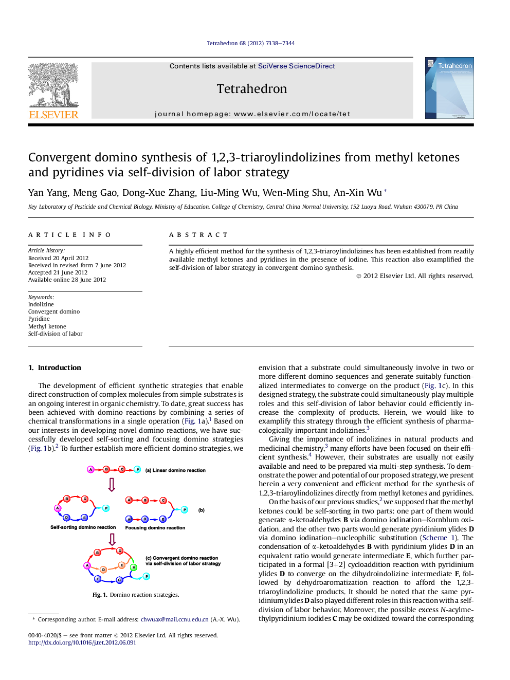 Convergent domino synthesis of 1,2,3-triaroylindolizines from methyl ketones and pyridines via self-division of labor strategy